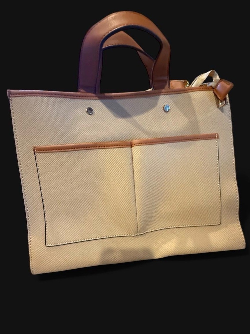 Cream and Tan Dual-Pocket Canvas Tote